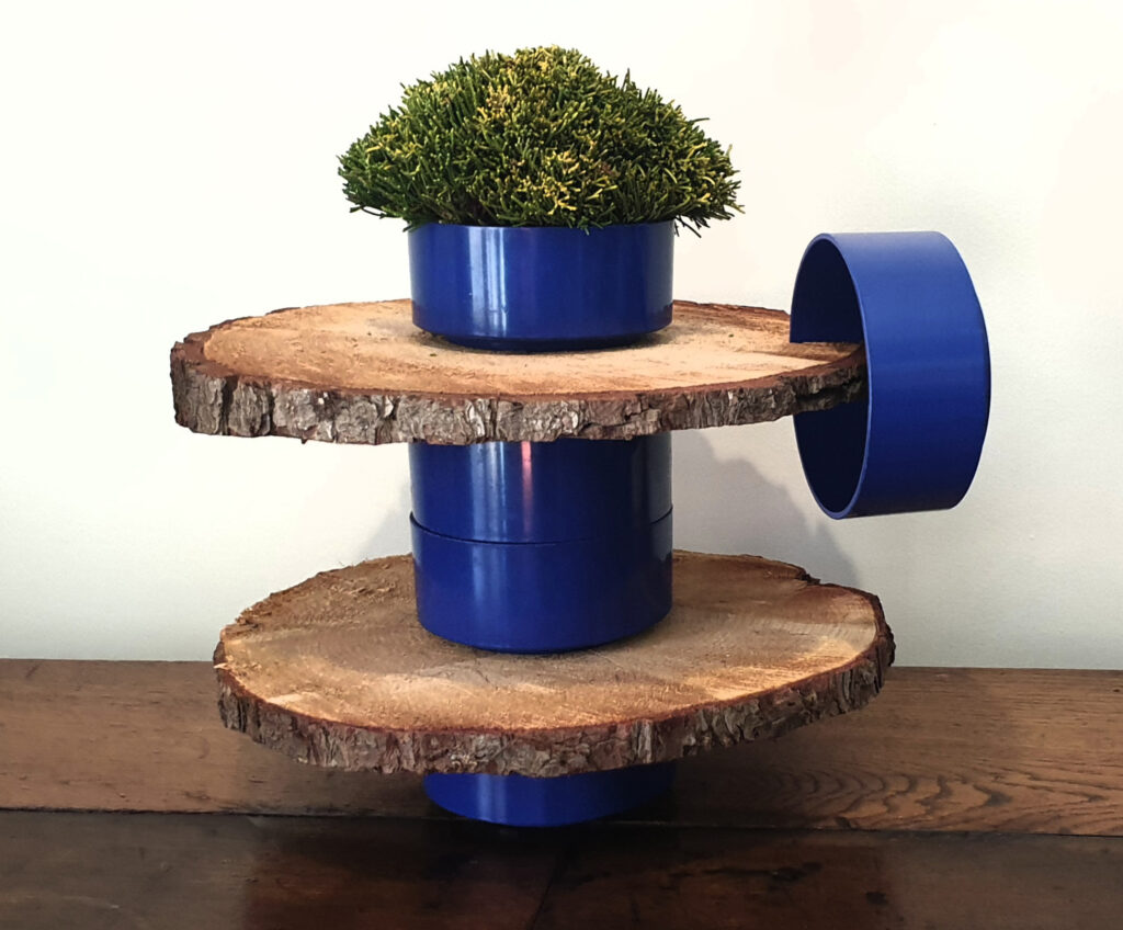 Arrangement with blue vases and wood rings