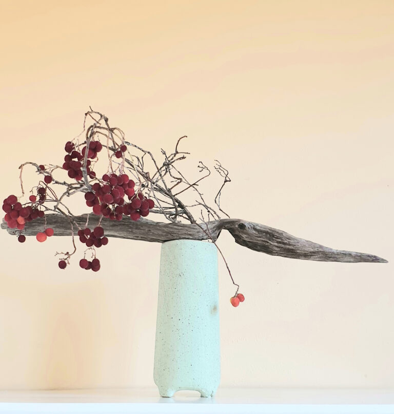 Arrangement with branches and red berries with a peach background